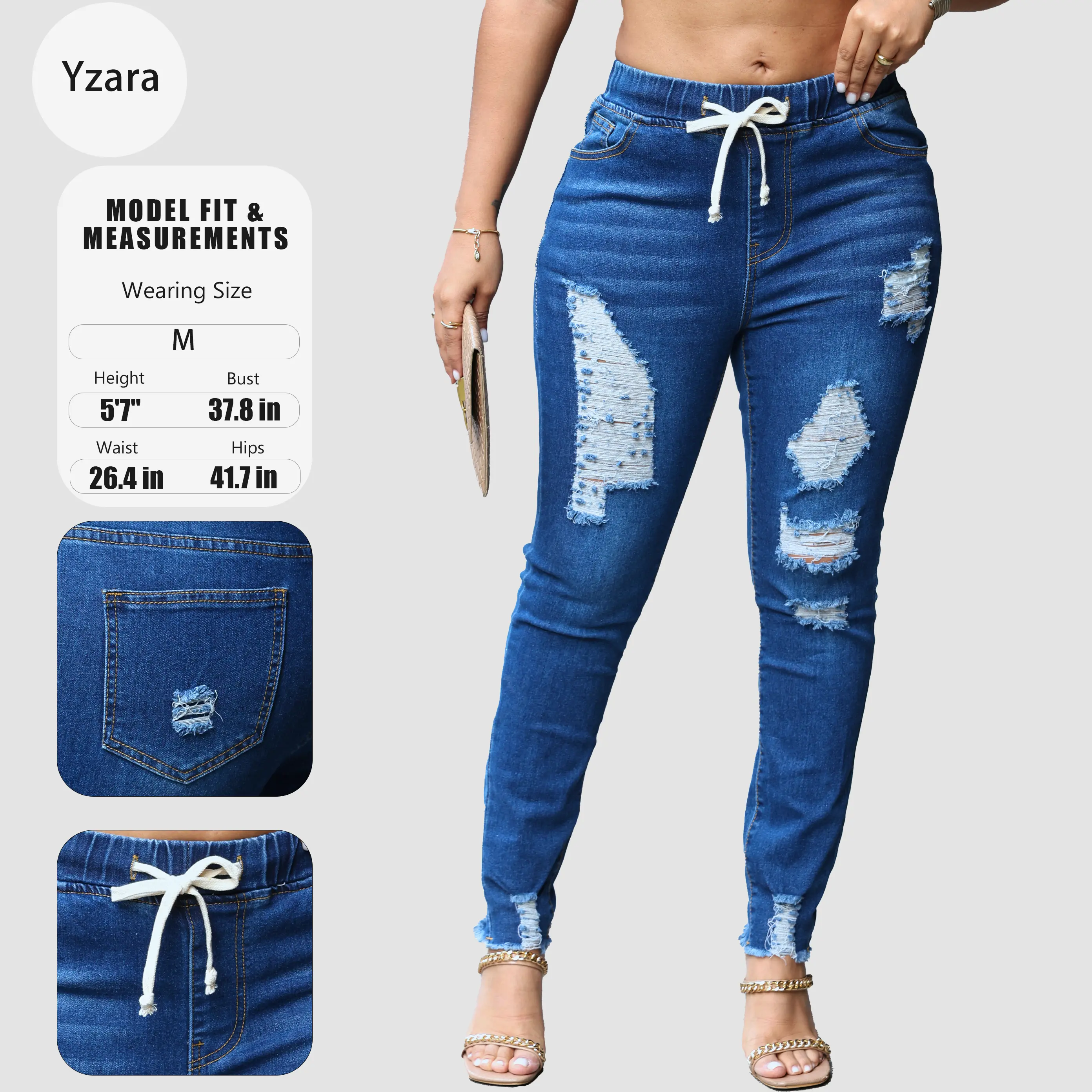 Women's Elegant Ripped Skinny Jeans, Stretch Cotton Polyester Denim Pants with Drawstring Waist, Solid Color Slim Fit Bottoms, Leggings, Elastic Waist Jeans, Skinny Fit