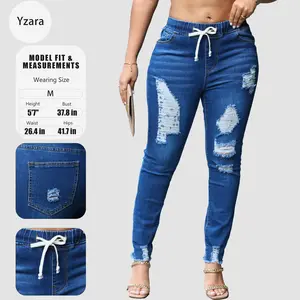 Women's High Waisted Ripped Skinny Jeans with Drawstring Waist - Stretchy Distressed Denim Joggers for Casual Comfort