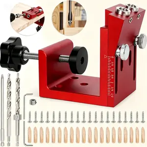 Adjustable Pocket Hole Jig System, Portable Screw Guide Kit for Wood Joints, Aluminum Carpentry Locator Tool with Wood Plugs, Reusable Woodworking Jig Set for Strong Frame Construction