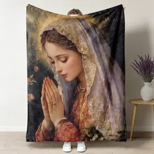 Virgin Mary Praying Flannel Throw Blanket - Vintage Oil Painting Design, Gold-Red Robe, Lace Veil, Roses, Soft Cozy Warm, Sacred Catholic Decor for Altar Prayer Corner, Gifts for Mom