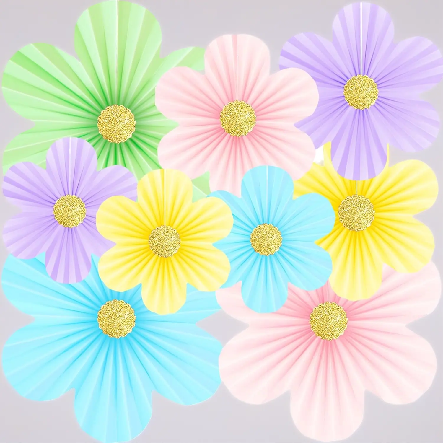9 pack pastel paper flower wall decorations. Includes 9 gold glitter floral centers. Paper fans backdrop for birthday classroom baby shower. Paper guide included.