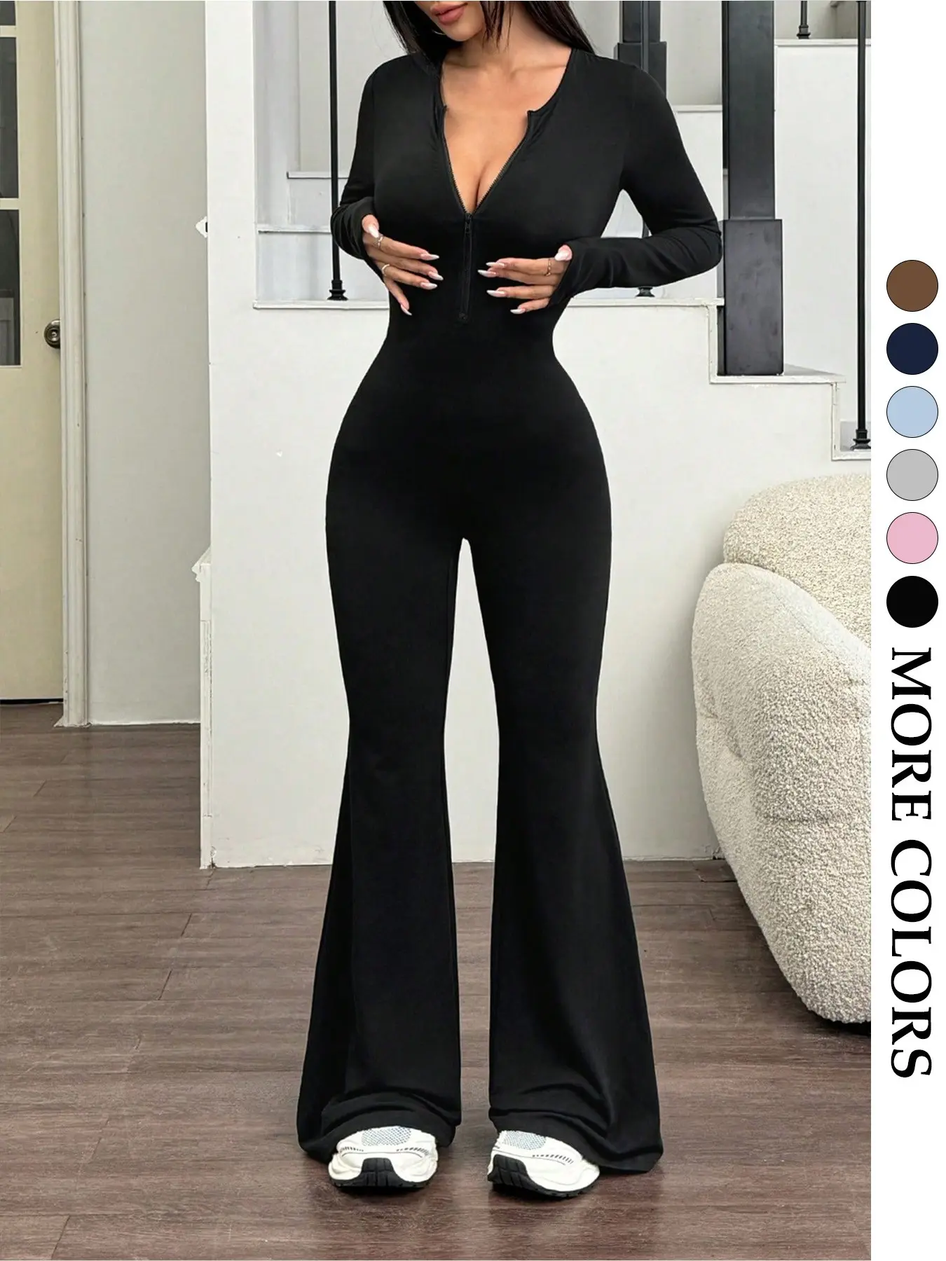 Women's Half-Zip Backless Jumpsuit, Adjustable Neck Depth, High Stretch Waist, Hollow Out Design, Sexy Fitness Wear, Tight Fitting Jumpsuit, Stretchy Jumpsuit, Spring & Fall