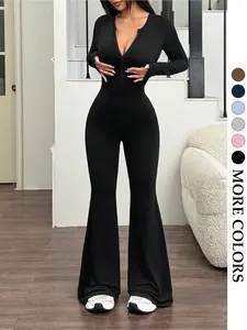 Women's Half-Zip Backless Jumpsuit, Adjustable Neck Depth, High Stretch Waist, Hollow Out Design, Sexy Fitness Wear, Spring & Fall