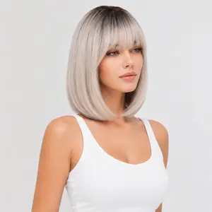 12 Inch Grey Ombre Bob Wig with Bangs | Short Straight Wig