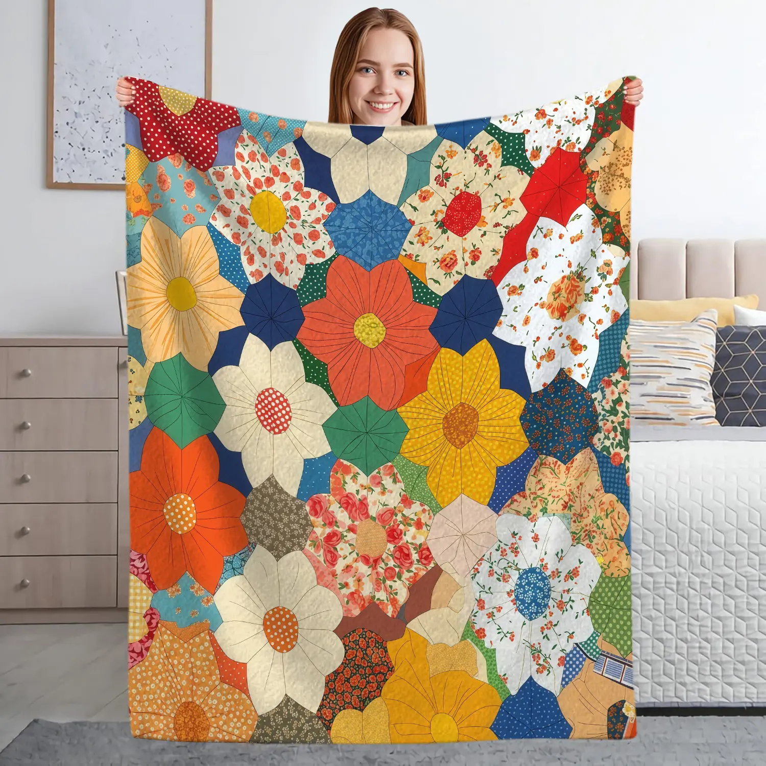 Soft Comfort Funny Floral Patchwork Flannel Throw Blanket, Baby Blankets and Adult Blankets, Premium High Quality Lightweight All Season Cozy Cover, Multi-Purpose Blanket For Home, Office, Camping & Summer Travel, Viral Cottagecore Floral Home Decor Blank
