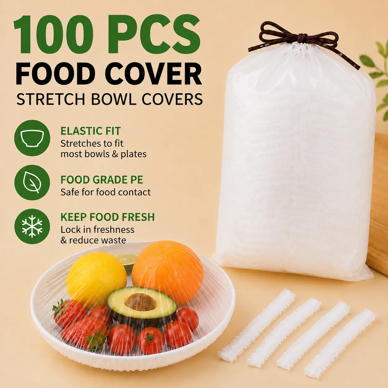 100PCS Disposable Stretch Food Covers, Elastic Kitchen Bowl & Plate Lids, Plastic Wrap Alternative for Food Storage & Leftovers Preservation