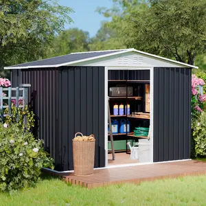 8x6FT Metal Storage Shed, Garden Tool Shed with Lockable Double Door & Sloping Roof, Outdoor Backyard Storage