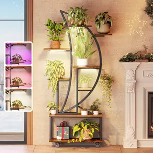 PRAISUN 62 Inch Plant Stand Indoor with Grow Lights 8 Tiered Shelves Larger Flower Holder Half Moon-Shaped with Hook Wheels for Living Room Decor