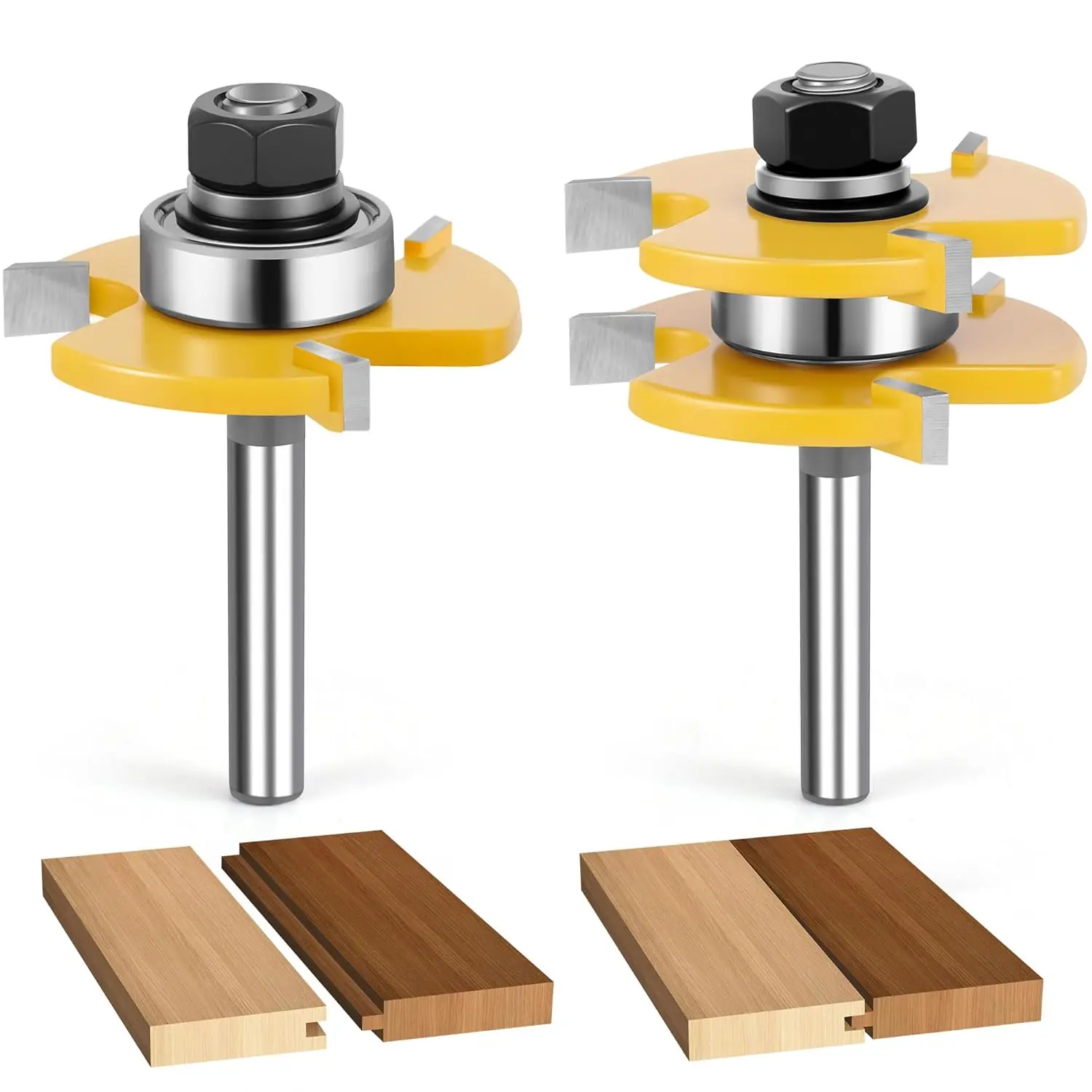 2PCS Tongue and Groove Router Bit Set, 3rd Gen. 1/4 Shank Router Bits for 3/4" Stock, 1/2" Cutting Depth, Adjustable 3 Teeth Shaker Cabinet Door Router Bits for Woodworking, Milling, Cutting