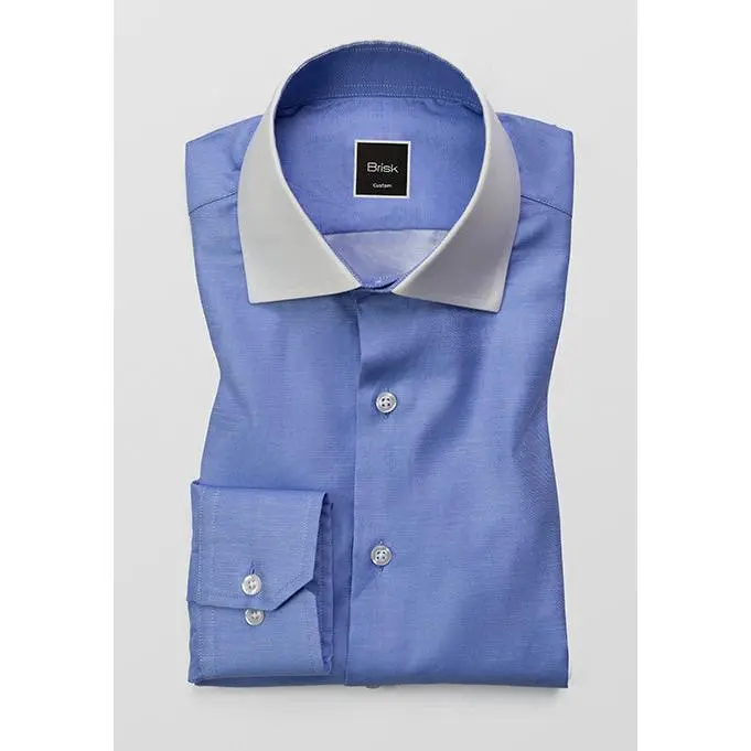 Mid Blue Twill High Collar Shirt - Hidden Button Down
