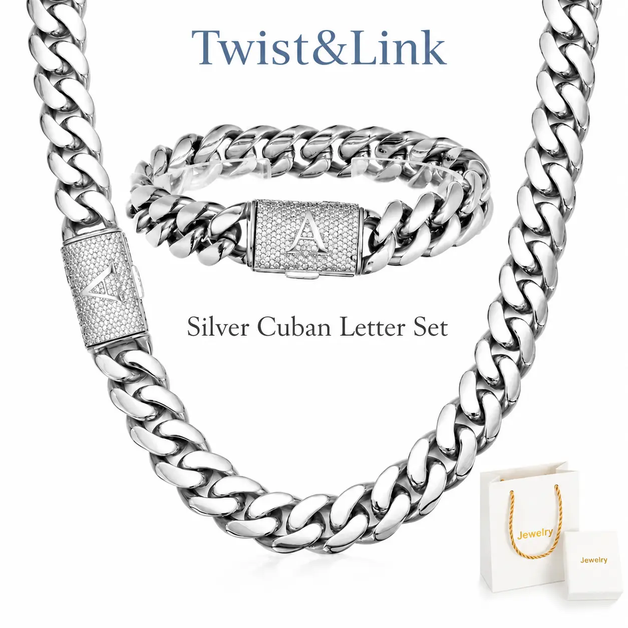 14mm Stainless Steel Miami Cuban Link Necklace & Bracelet Set - 18 Inch Necklace, 7.5 Inch Bracelet, Unisex Bold Chain, Iced-Out A-Z Initial Clasp, Water-Friendly, Multi-Size, Affordable Fashion, Daily Wear, Carry Bag, Personalized Gift
