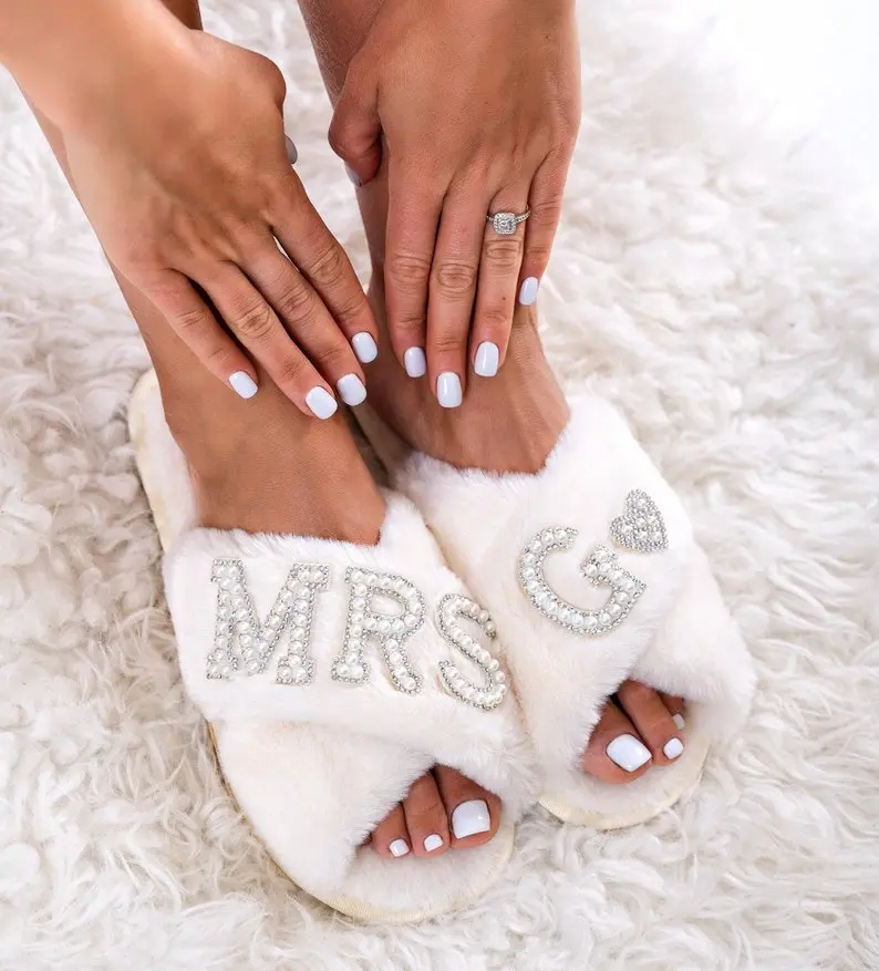 Bride Slippers, Fluffy Cross Pearls slippers, Bride Gift, Bridal Shower Gift, Bachelorette Party Gift I Do Slippers, Custom Slippers-patches