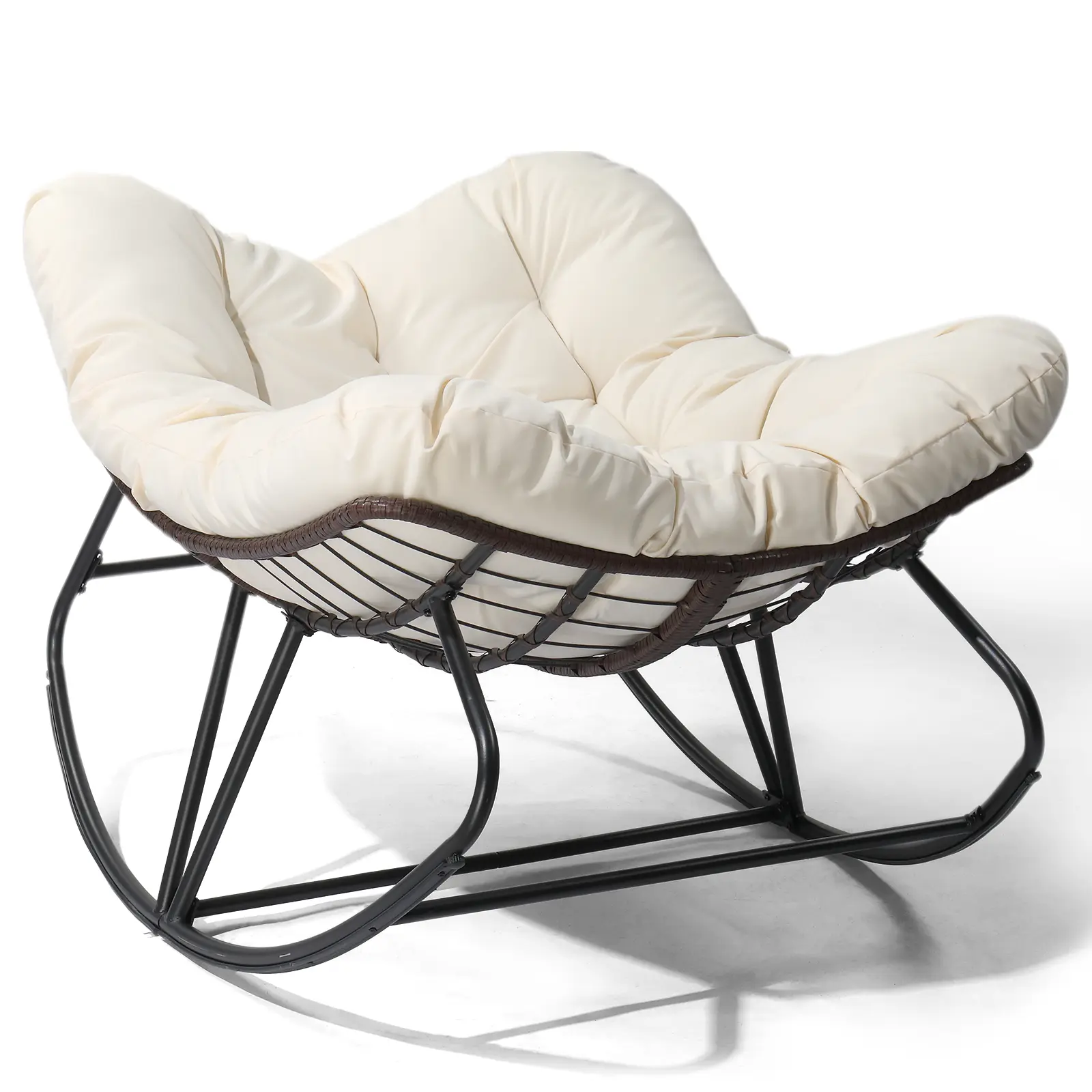 Karl Indoor Outdoor Rocking Papasan Chair Set of 2 with Cushions, Comfy Oversized Patio Padded Rockers, All Weather Double Wicker Egg Gliders, 450Lbs Wide Sturdy Recliner Lounge Loveseat