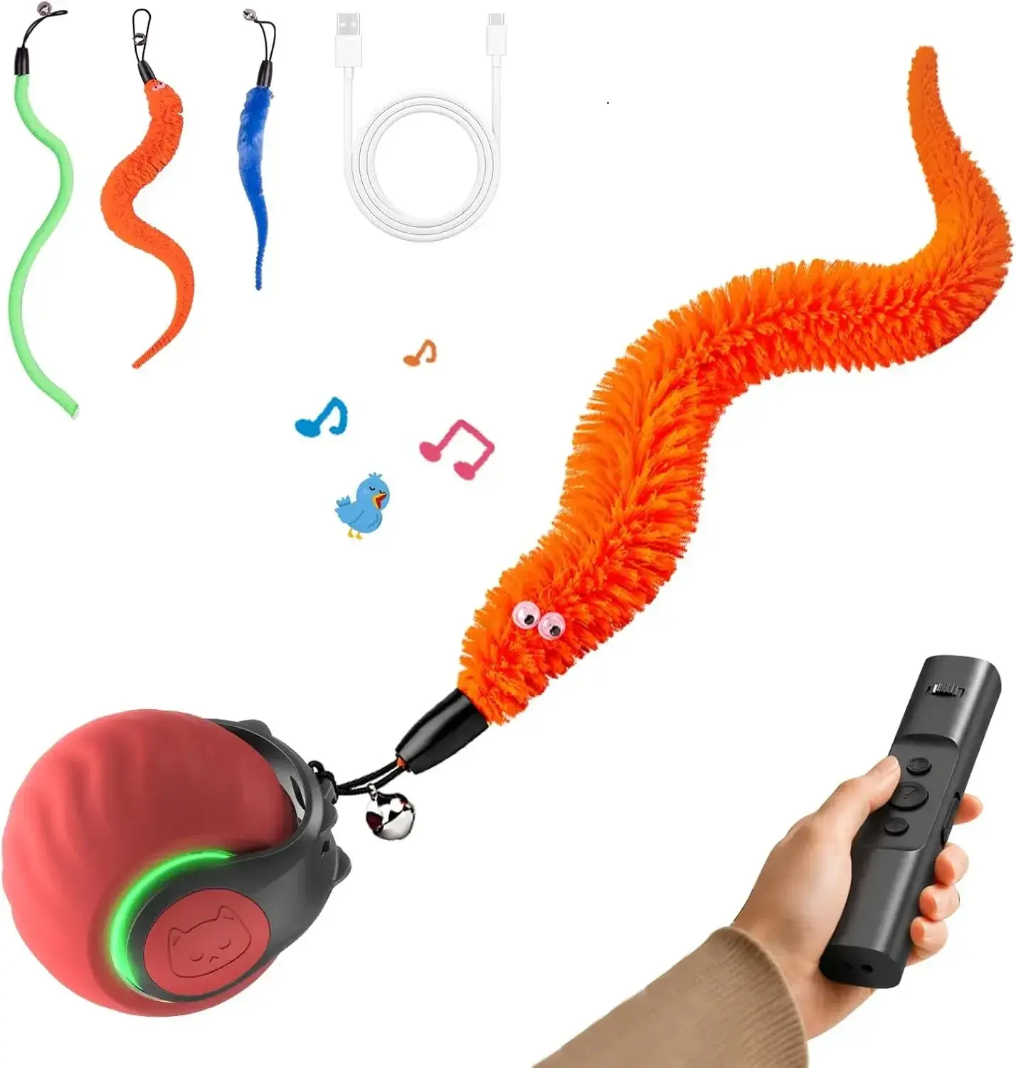 Laser Pointer Cat Toy - Single Unit, Rechargeable Automatic Rolling Ball with Bird Sounds, 3 Speed Modes, 3 Tails, Fast Charging for Indoor Cats to Chase on Hard Floors & Carpets