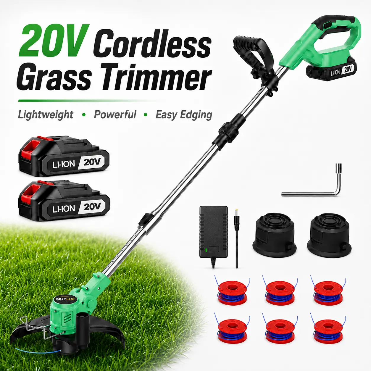 20V Cordless Grass Trimmer - Lightweight Electric Weed Eater with 2 Batteries, Charger, 6 Replacement Spools, Adjustable Telescopic Shaft for Lawn Edging, Yardwork Trimming, Garden Maintenance
