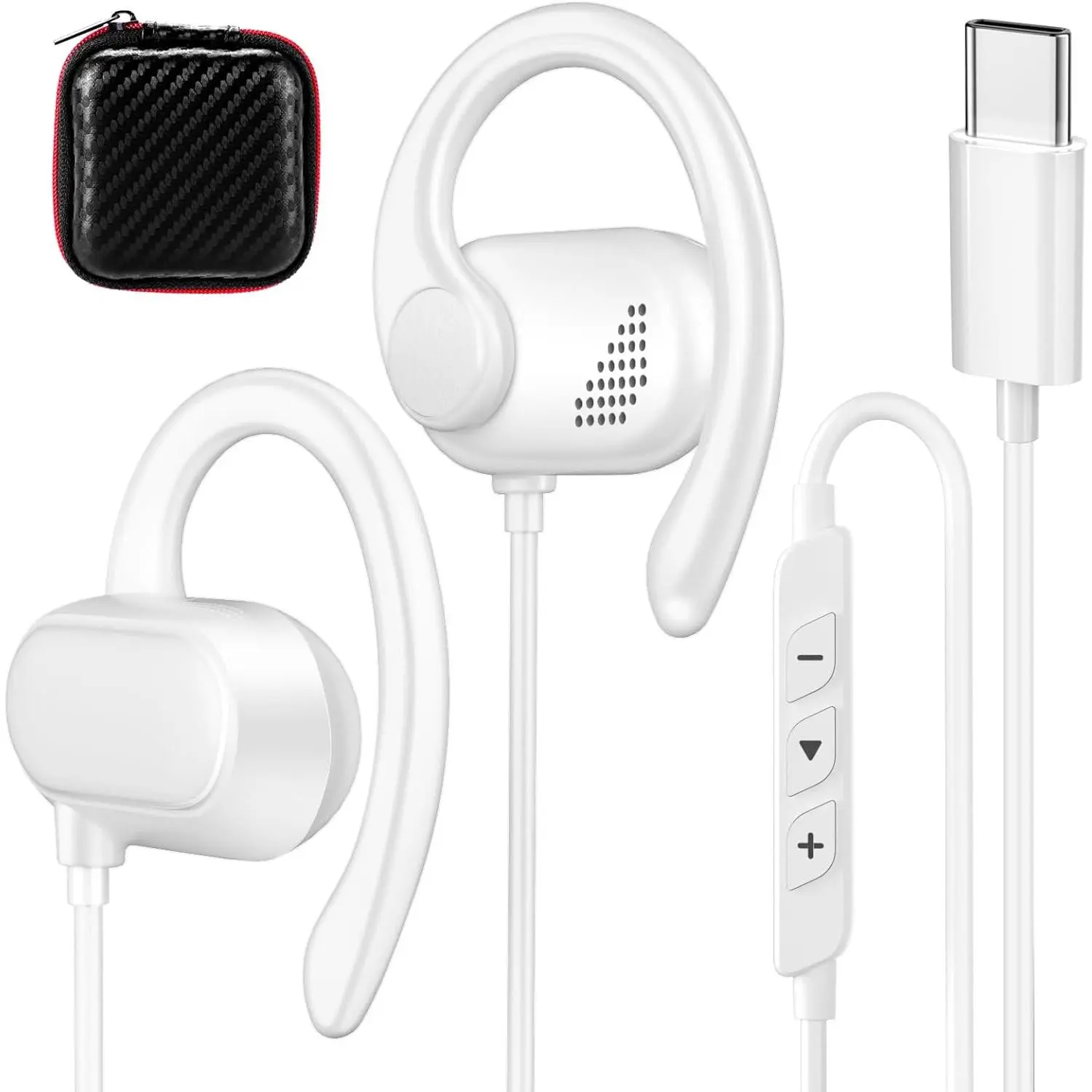 H-28 Open Ear USB-C Wired Headphones with Over-Ear Hooks, Mic, Volume Control - Stereo Sound, Handy Clip, Adapter Compatible for iPhone 17/16 Pro Max/16e/15, iPad A16/11/10th, Samsung Sports Device, Portable, Not Water Resistant