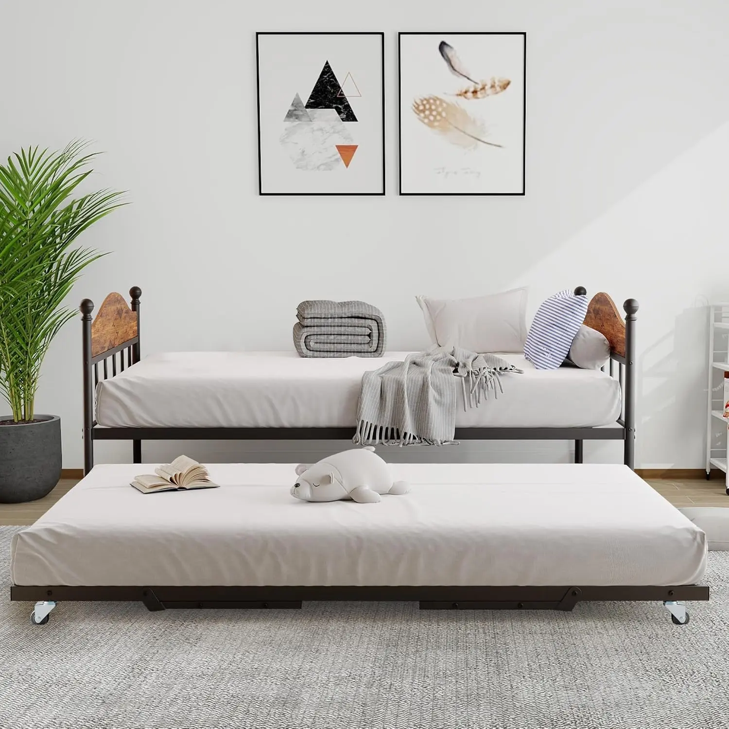 【Christmas Gift】Twin Daybed with Trundle Twin Bed Frame with Sturdy Metal Foldable Trundle Sofa Bed with Stylish Headboard for Living Room Bedroom and Guest Room Brown