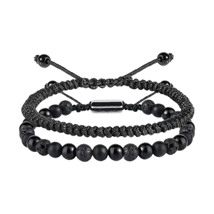 The Islander - Pack Adjustable Rope Bracelets: Black Volcanic Lava Stone + Hand-Braided Rope Bracelets - Gift Bag Set - One Size Fits All