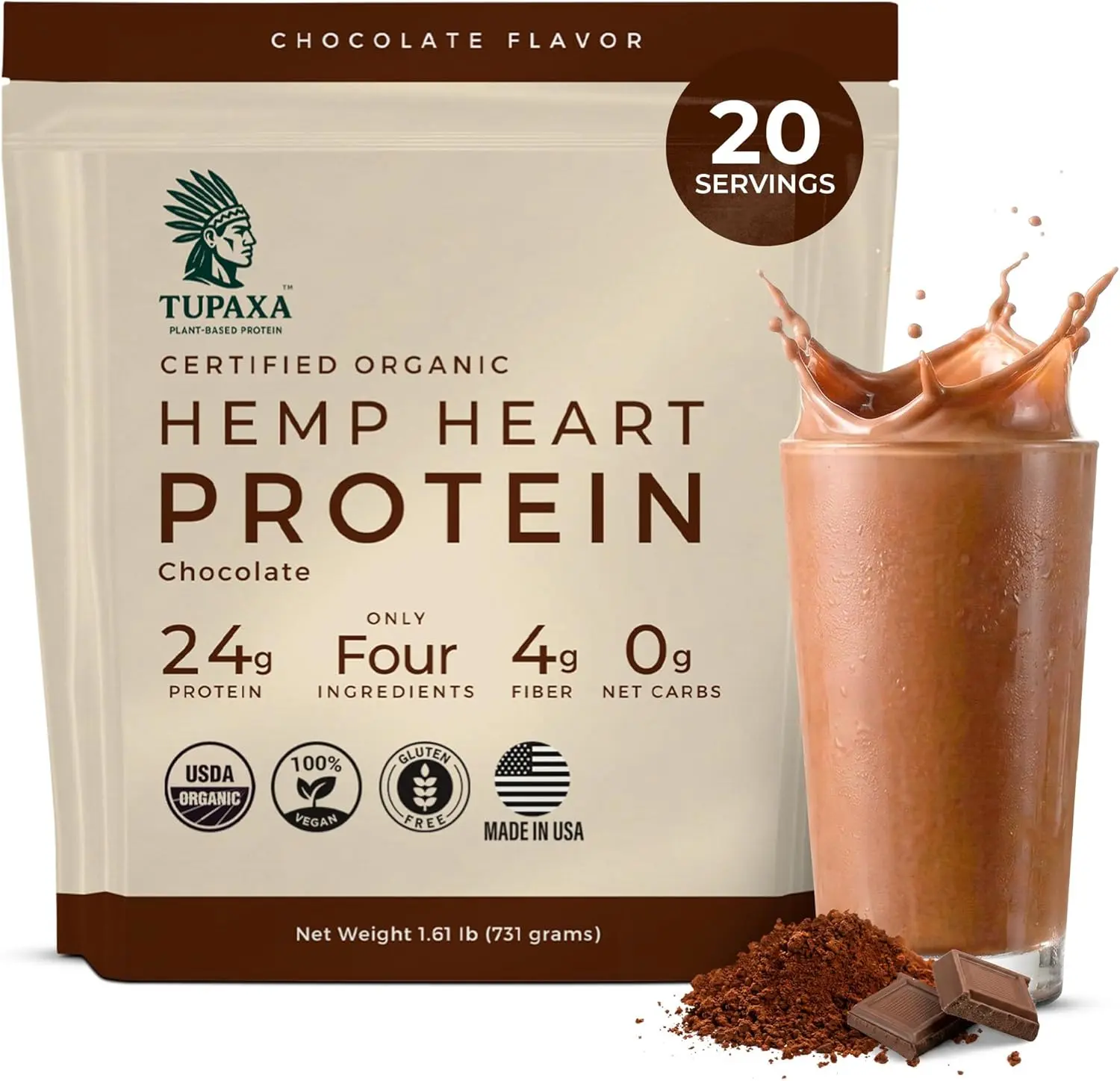 Tupaxa Organic Hemp Protein Powder Chocolate | 24g Protein | 4 Clean Ingredients | 20 Servings