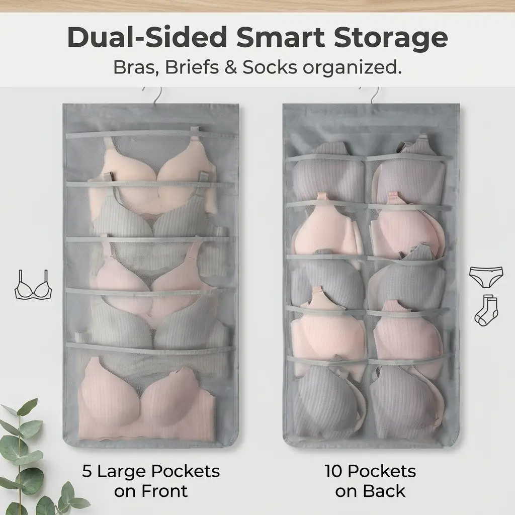 Bra and Underwear Closet Hanging Organizer with 5+10 Pockets Beige Dual Sided Wall Shelf Wardrobe Storage Bags for Bra Socks Underwear Underpants Lightweight & Durable Mesh Pockets