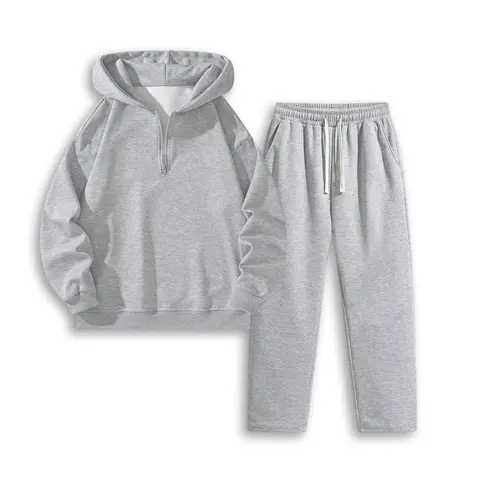 Men's 2 Piece Minimalist Solid Tracksuit - Half Zip Hoodie & Straight Leg Pants, Long Sleeve, Drawstring Waist, 95% Poly-Elastane Stretch-Spandex Fitted Fabric, All Seasons Daily Wear, Gray, SpringSta, 2 Piece Sets