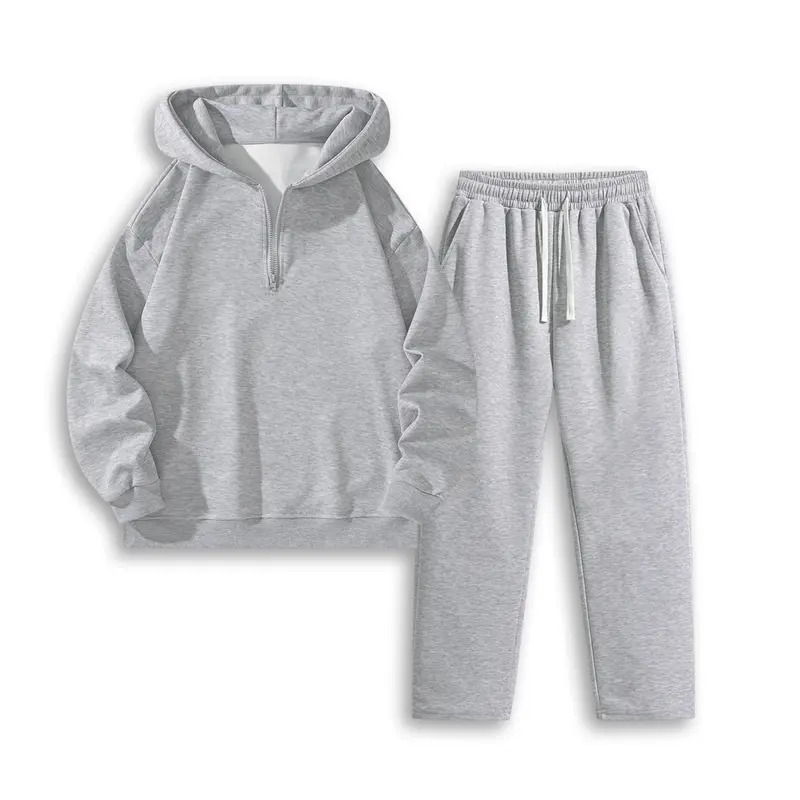 Men's 2 Piece Minimalist Solid Tracksuit - Half Zip Hoodie & Straight Leg Pants, Long Sleeve, Drawstring Waist, 95% Poly-Elastane Stretch-Spandex Fitted Fabric, All Seasons Daily Wear, Gray, SpringSta, 2 Piece Sets