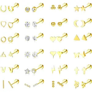 Sanfenly 24-Pair Hypoallergenic 14 Karat Gold Plated Surgical Stainless Steel 20g Tiny Flat Back Screw Back Heart Shaped Stacking Stud Earrings, Unisex Dainty Casual Jewelry for Daily Wear, Cartilage Helix Piercings, Silver Earring Stack Option