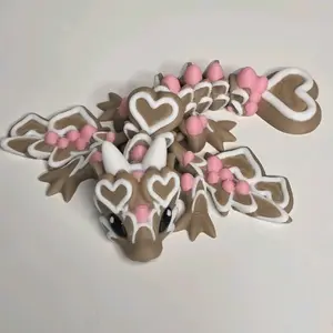 3D Printed Cookie Heart Dragon - Adorable Brown & White Design with Pink Accents