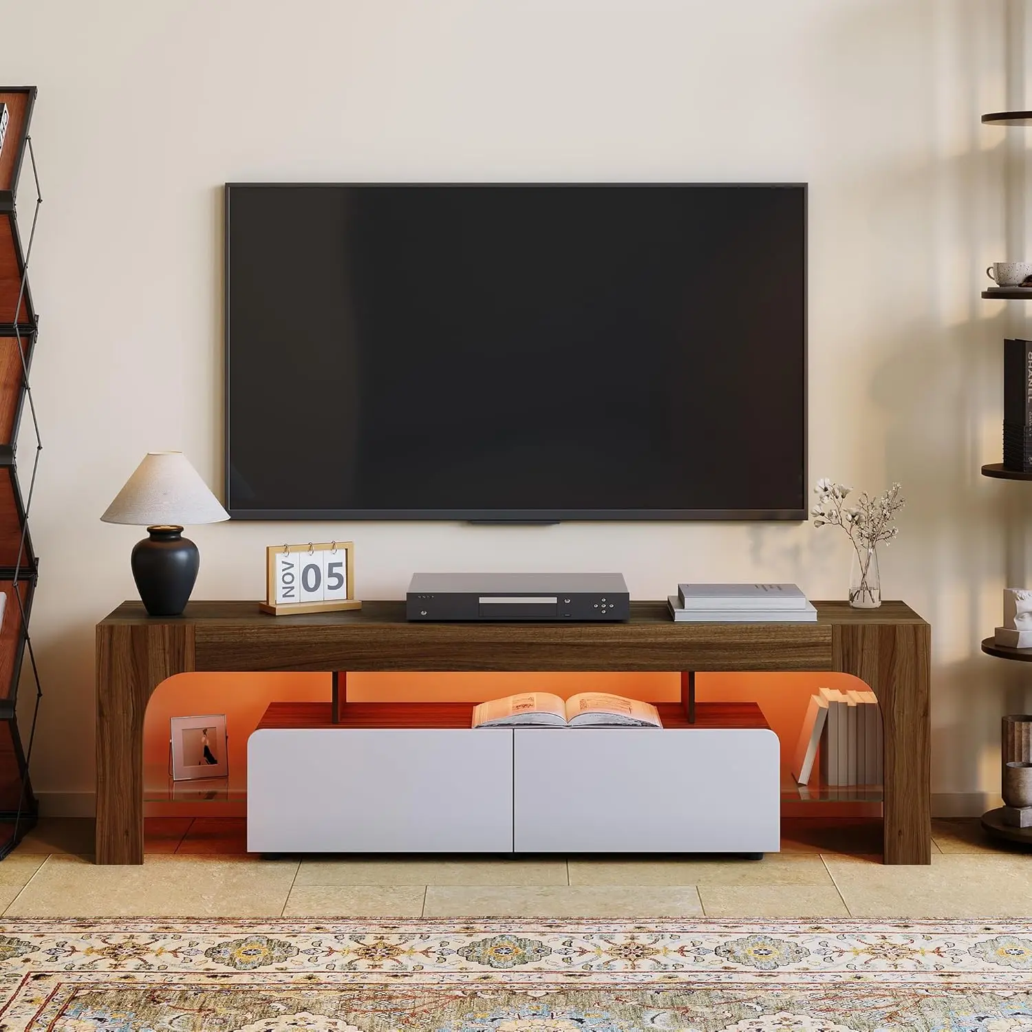 Modern Lighting 63 in TV Stand , Large Storage with 2 Drawers and Tempered Glass Shelves, Fits Up to 70 in TV