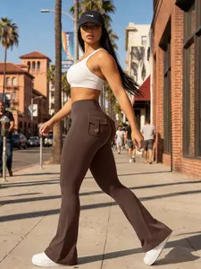 Workout Flare Leggings with Pockets Hidden Scrunch High Waisted Cargo Gym Yoga No Front Seam Leggings Flared Joggers Fitness Outfit Camouflage Sports Pants Spring Statements Stretchy High Waist