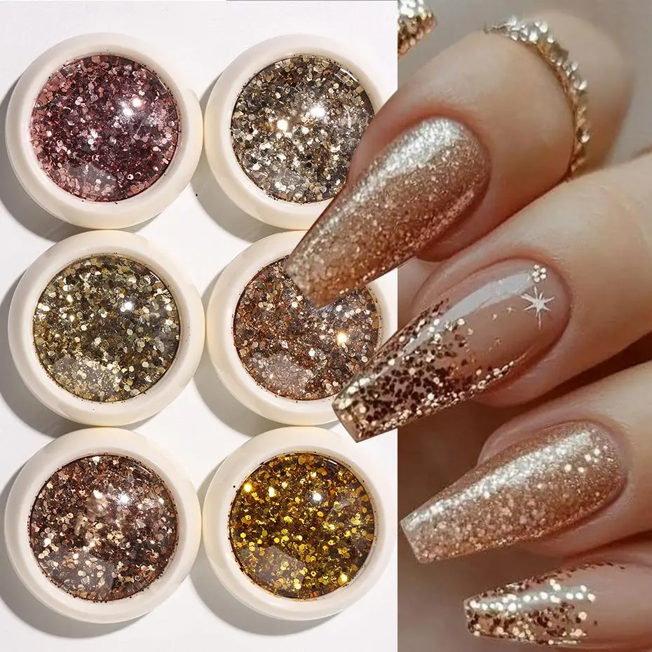6pcs Mixed Golden Rose Gold Chunky Holographic Sequins Nail Glitter Hexagon Powder Pigment Dust Y2K Nail Art Decoration Manicure