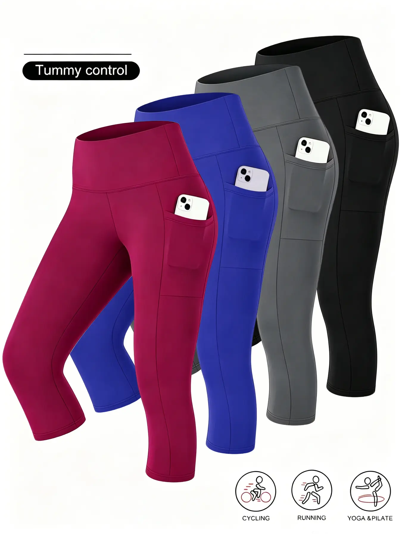 Women's Cropped Capri Pants, High Waisted Mixed Color Assortment (Black,Grey,Red,Blue), Tummy Control Firm Fit, Breathable