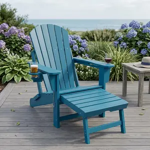 Folding HDPE Adirondack Chair with Retractable Ottoman and Cup Holder, Heavy Duty Weather Resistant Chair with Ergonomic High Back, Outdoor Furniture for Patio Lawn Garden Deck Porch Backyard
