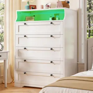 RaybeeFurniture Dresser with LED Light, Tall Dresser for Bedroom, 5 Drawers & 2 Shelves Space Saver for Bedroom, Hallway, Closet, 31.3" W x 48.5" H x 15.7" D