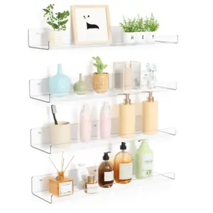 upsimples 4 Pack Acrylic Shelves for Wall Storage 15" Floating Bookshelves for Kids Display Shelf Organizer for Bathroom Bedroom Living Room Kitchen Room Decor Clear Space Saving Unique Decoration Sturdy Acrylic Floating Shelves Easy Install