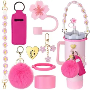 Drinkware Accessories Set without Cup, 8 Counts/set Including Silicone Straw Cover & Handle Strap & Heart Sticker & Charm & Silicone Boot, Drink Protectors, Suitable for Gift