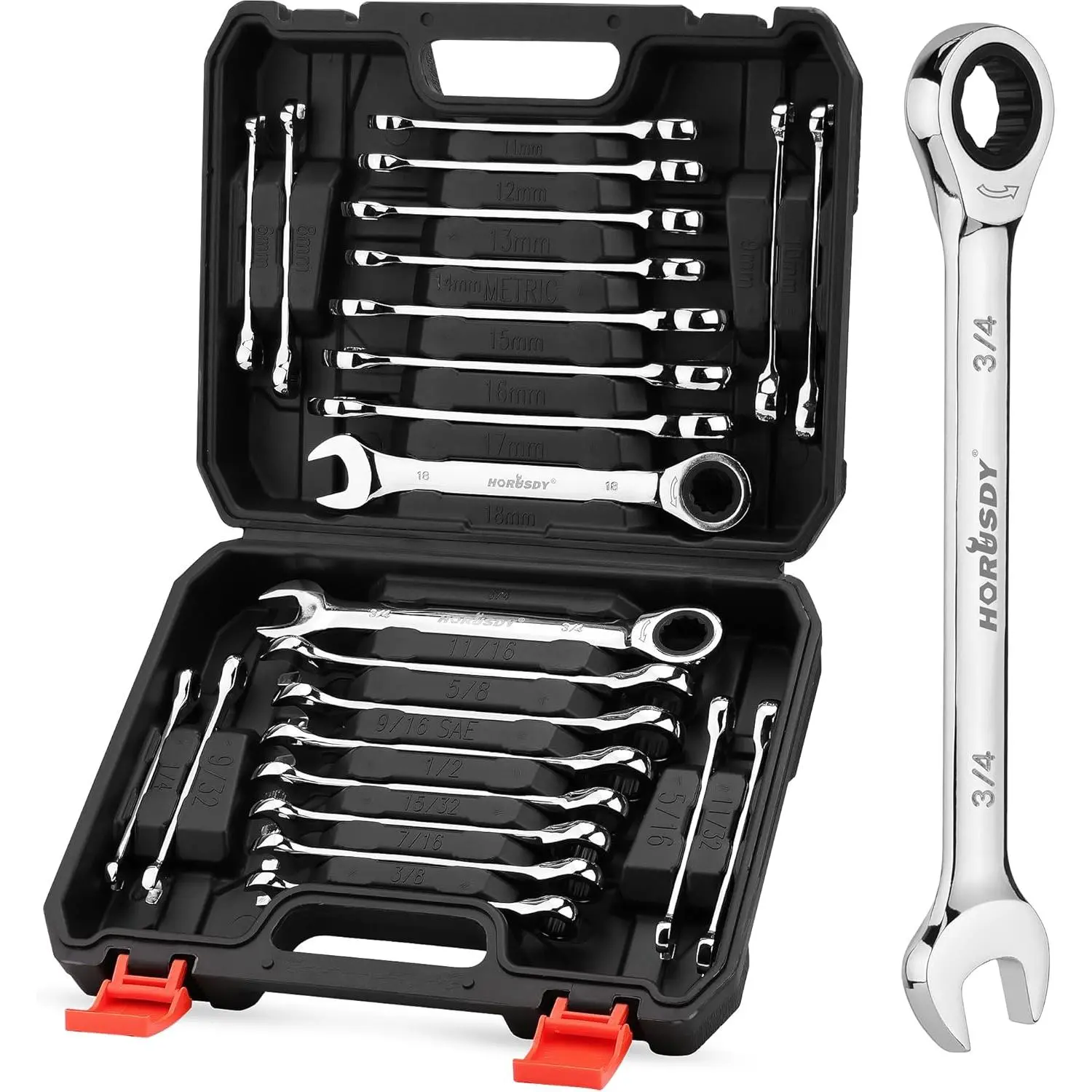 24-Piece Ratcheting Wrench Set, Heat-Treated Vanadium, 72-Tooth, Metric & SAE Sizes (6-18 mm, 1/4"-3/4"), Mirror Finish, with Organizer Hard Case for Emergency Repairs