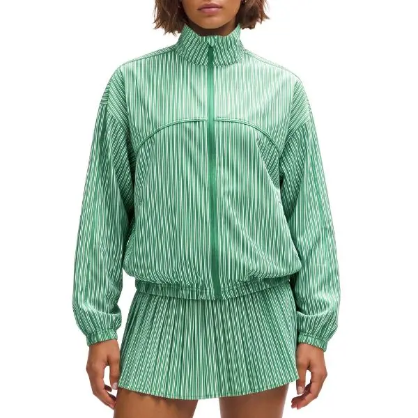 Fisoew Women's Vertical Striped 2 Piece Outfit Stand Collar Full Zip Cropped Windbreaker Jacket + High Waist Pleated Mini Tennis Skirt Matching Tracksuit Set