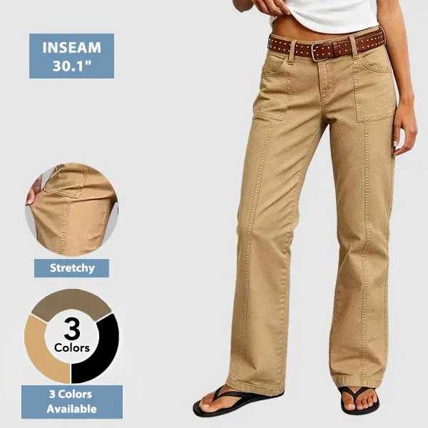 Flamingals Solid Stitch Detail Mid Waist Bootcut Pants Without Belt Stretchy 30.1'' Inseam