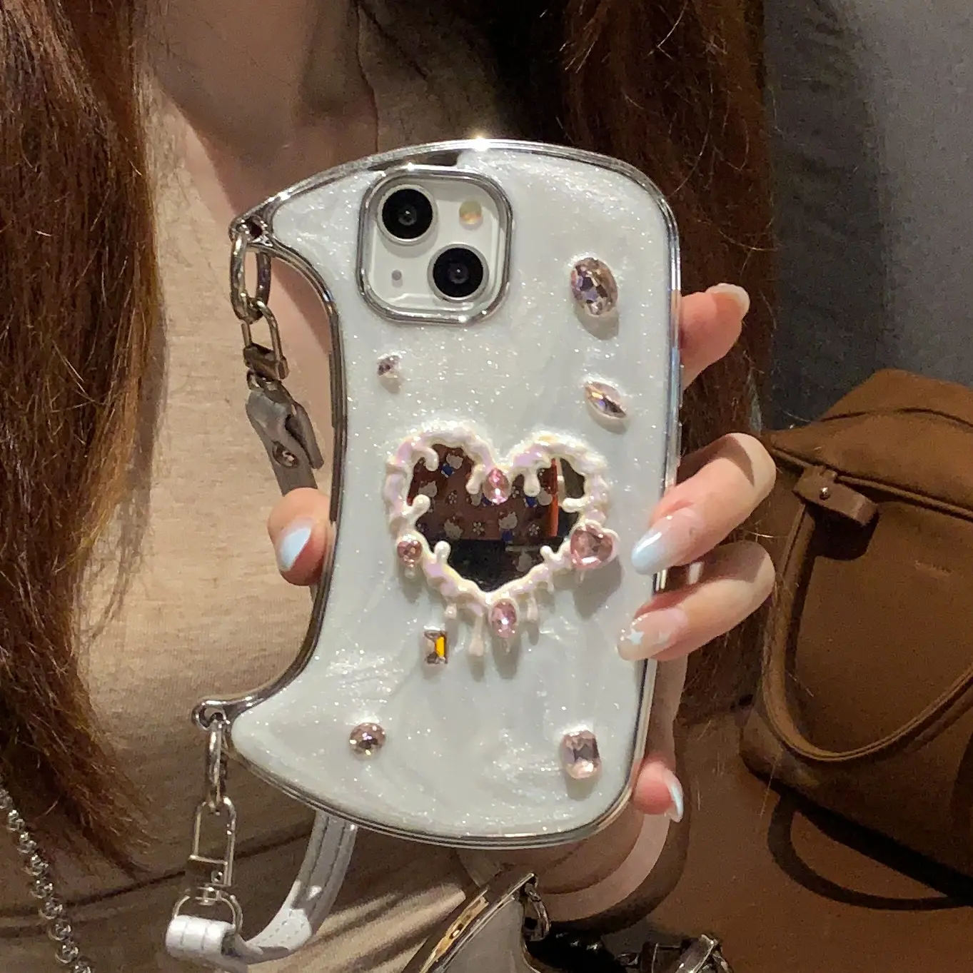 Handbag Phone Case for iPhone 17 16 15 14 13, 3D Cute Case with Lanyard Luxury Bling Diamond Crystal Rhinestone Butterfly Love Heart Mirror Strap Case Cover for Girls Women