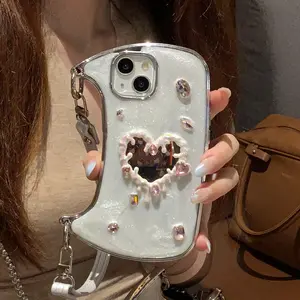 Handbag Phone Case for iPhone 17 16 15 14 13, 3D Cute Case with Lanyard Luxury Bling Diamond Crystal Rhinestone Butterfly Love Heart Mirror Strap Case Cover for Girls Women