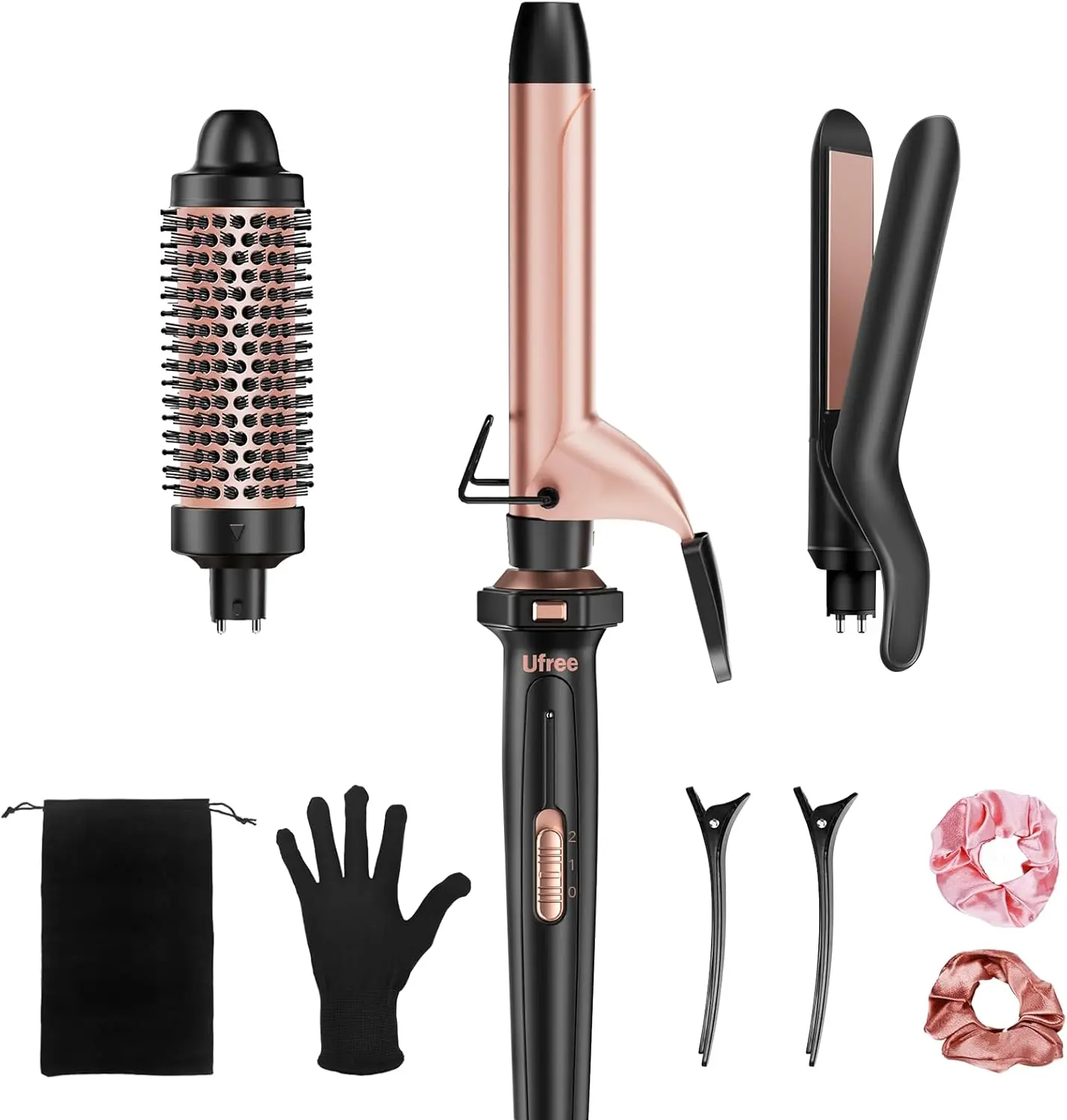 Ufree 3-in-1 Curling Iron Set - Curling Wand, Thermal Brush, Flat Iron Hair Straightener, Dual Voltage, Instant Heat Up Curlers, Includes Protective Glove & 2 Clips, Gift for Women, & Straighteners Heat Up Curlers