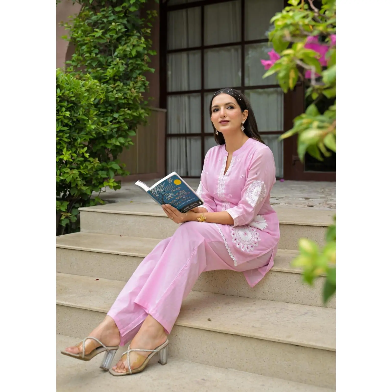 Pink Mul Cotton Coord Set - Chikankari Embroidered Kurti and Straight Pants
