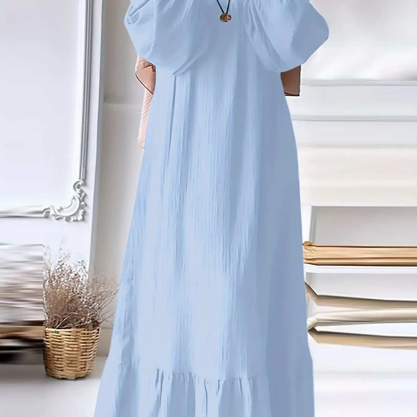 Elegant Plus Size Ruffled Hem Modest Dress - Long Sleeve, Solid Color Green, Stretchy Polyester Blend, Machine Washable, Perfect for Spring & Fall