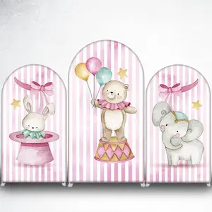 15-day Delivery Pink Stripe Circus Bear Arch Backdrop Cover for Kids Birthday Party