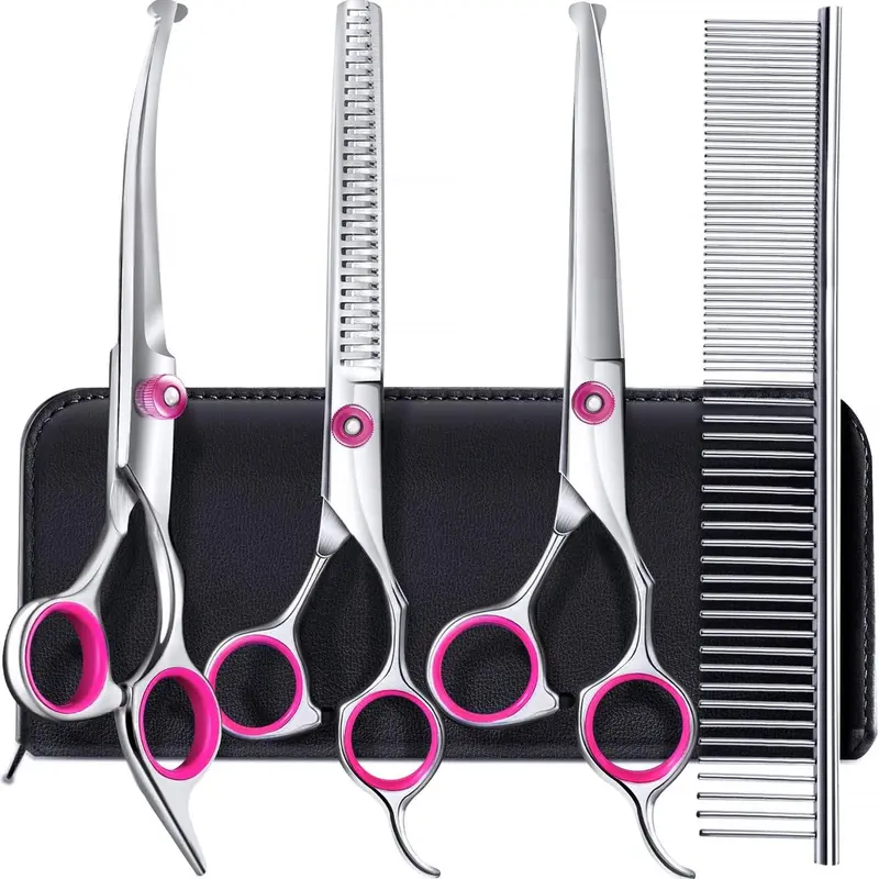 5-in-1 Professional Dog Grooming Scissors Kit – Pet Grooming Shears with Safety Round Tips, Titanium-Coated Stainless Steel for Dogs & Cats