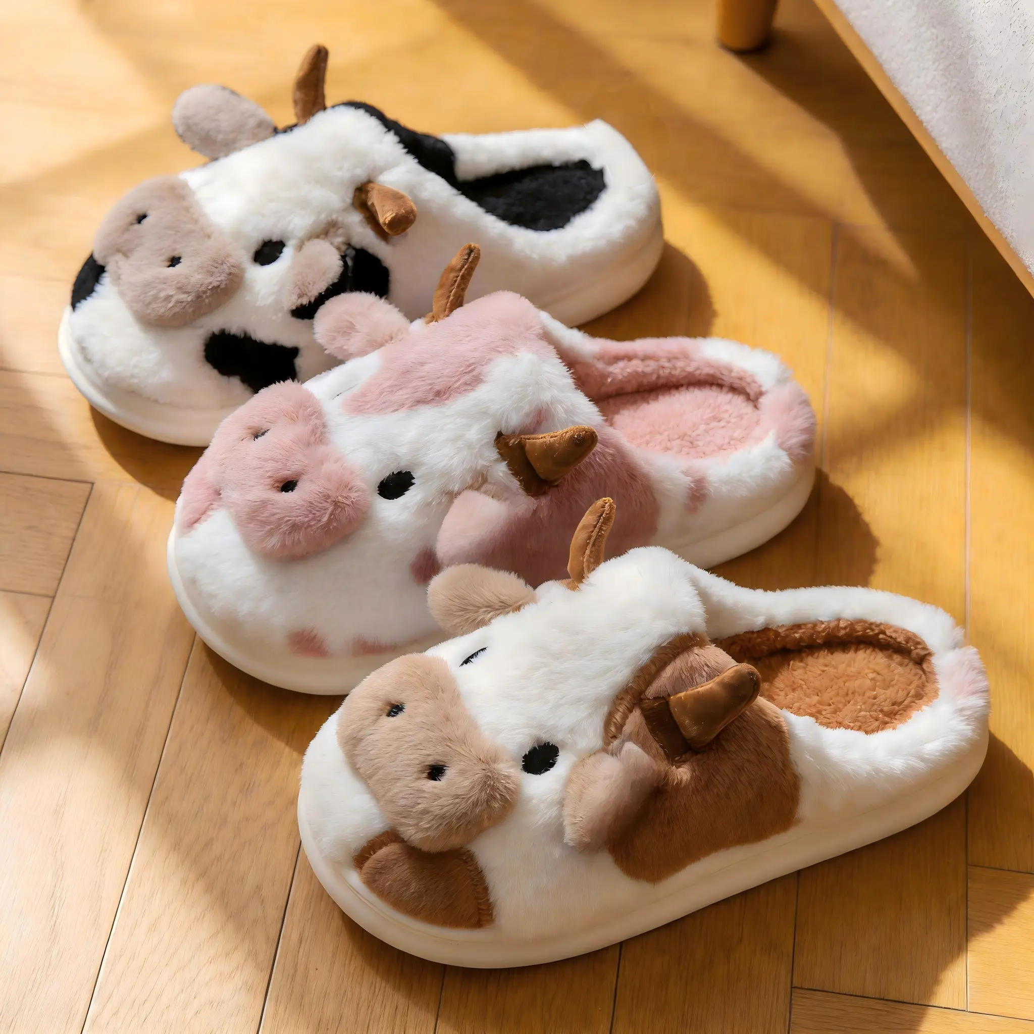 Women's Cute Cow Slippers, Furry Slide Footwear with Non-Slip TPR Sole, Comfortable for Home Bedroom, Kitchen, and Dining Room, Cute Slippers, Slippers Home Bedroom