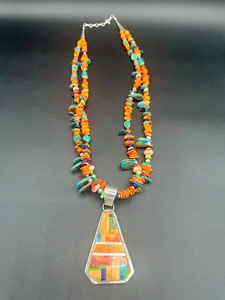 Handcrafted Native American sterling silver and multi-gemstone necklace and pendant.