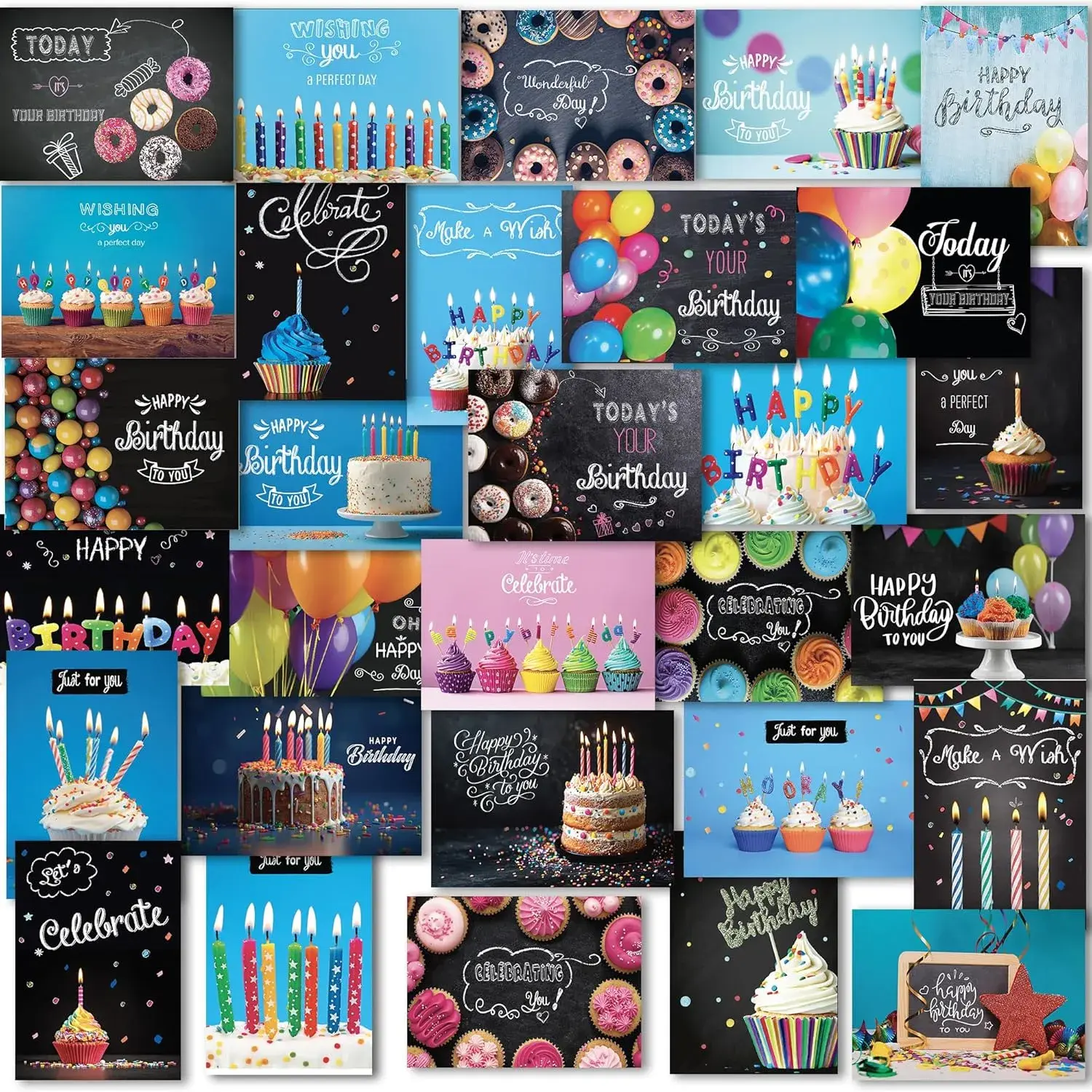 120 Birthday Cards Bulk- Happy Birthday Cards with Envelpoes,30 Unique Blackboard Designs, Large 5x7 Inches, Includes Kraft and White Envelopes – Assorted Birthday Cards for Business & Personal Use
