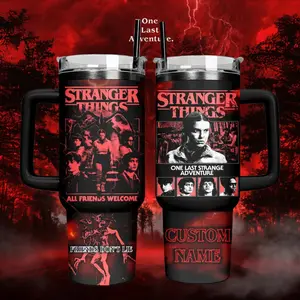 Stranger Things Inspired 40oz Tumbler With Handle And Straw, Custom Name Insulated Travel Mug, Retro Horror Aesthetic Cup Gift
